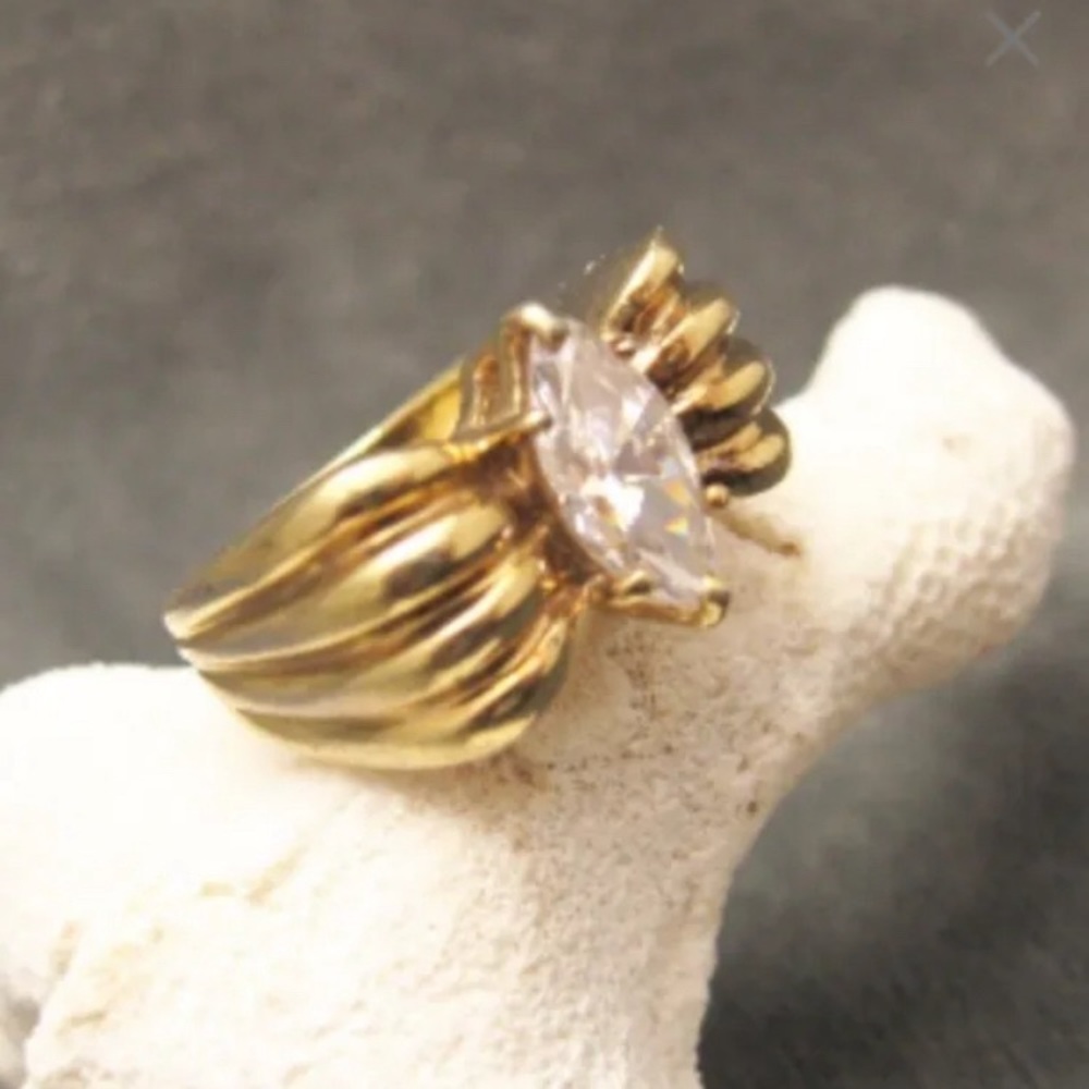 Sterling Vermeil Gold Plated Marquise Rhinestone Ring Vintage